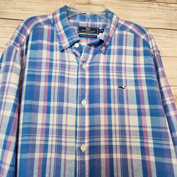 Vineyard Vines Mens M Blue White Plaid Classic Fit Whale Shirt Button Down Linen - Picture 2 of 15